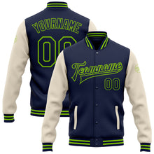 Laden Sie das Bild in den Galerie-Viewer, Custom Navy Cream-Neon Green Bomber Full-Snap Varsity Letterman Two Tone Jacket
