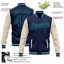 Laden Sie das Bild in den Galerie-Viewer, Custom Navy Cream-Teal Bomber Full-Snap Varsity Letterman Two Tone Jacket
