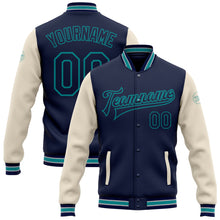 Laden Sie das Bild in den Galerie-Viewer, Custom Navy Cream-Teal Bomber Full-Snap Varsity Letterman Two Tone Jacket
