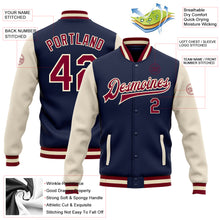 Laden Sie das Bild in den Galerie-Viewer, Custom Navy Maroon-Cream Bomber Full-Snap Varsity Letterman Two Tone Jacket
