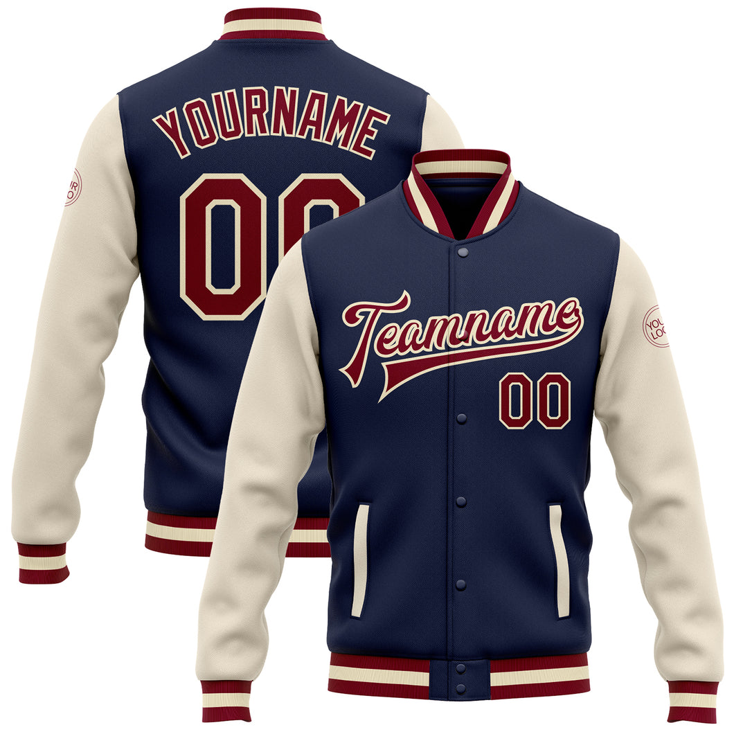 Custom Navy Maroon-Cream Bomber Full-Snap Varsity Letterman Two Tone Jacket