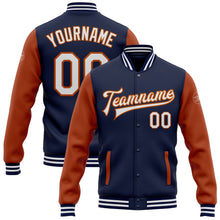 Laden Sie das Bild in den Galerie-Viewer, Custom Navy White-Texas Orange Bomber Full-Snap Varsity Letterman Two Tone Jacket
