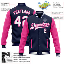 Laden Sie das Bild in den Galerie-Viewer, Custom Navy White-Pink Bomber Full-Snap Varsity Letterman Two Tone Jacket

