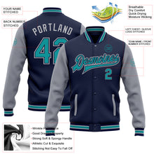 Load image into Gallery viewer, Custom Navy Teal-Gray Bomber Full-Snap Varsity Letterman Two Tone Jacket
