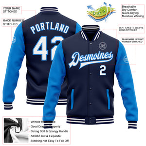 Custom Navy White-Electric Blue Bomber Full-Snap Varsity Letterman Two Tone Jacket