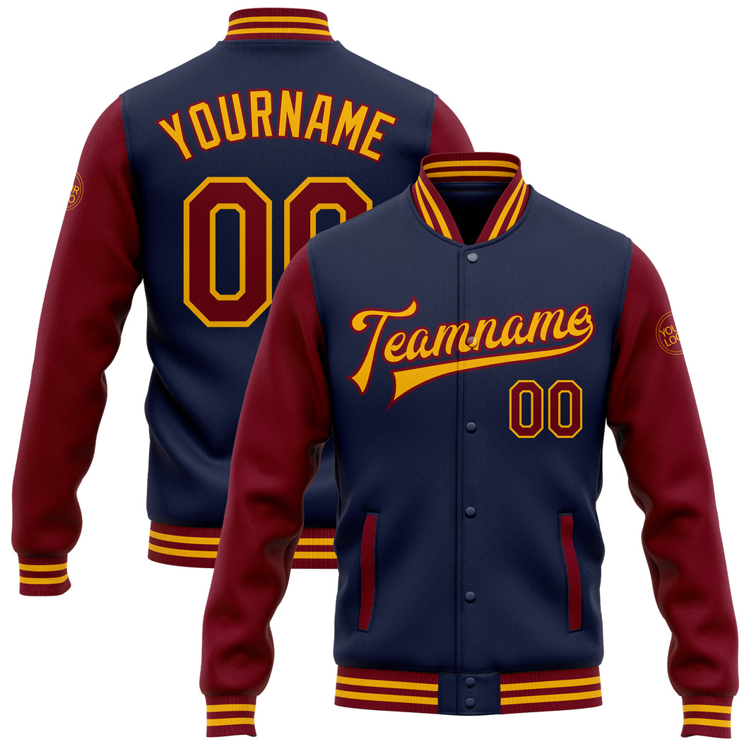 Custom Navy Crimson-Gold Bomber Full-Snap Varsity Letterman Two Tone Jacket