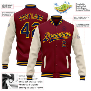 Custom Crimson Navy Cream-Gold Bomber Full-Snap Varsity Letterman Two Tone Jacket