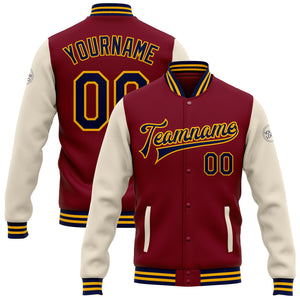 Custom Crimson Navy Cream-Gold Bomber Full-Snap Varsity Letterman Two Tone Jacket