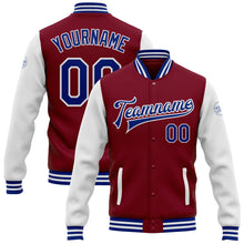 Laden Sie das Bild in den Galerie-Viewer, Custom Crimson Royal-White Bomber Full-Snap Varsity Letterman Two Tone Jacket
