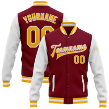 Laden Sie das Bild in den Galerie-Viewer, Custom Crimson Gold-White Bomber Full-Snap Varsity Letterman Two Tone Jacket
