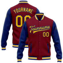 Load image into Gallery viewer, Custom Crimson Yellow-Royal Bomber Full-Snap Varsity Letterman Two Tone Jacket
