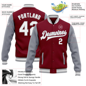 Custom Crimson White-Gray Bomber Full-Snap Varsity Letterman Two Tone Jacket