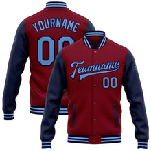 Laden Sie das Bild in den Galerie-Viewer, Custom Crimson Light Blue-Navy Bomber Full-Snap Varsity Letterman Two Tone Jacket
