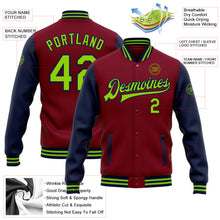 Load image into Gallery viewer, Custom Crimson Neon Green-Navy Bomber Full-Snap Varsity Letterman Two Tone Jacket
