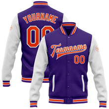 Load image into Gallery viewer, Custom Purple Orange-White Bomber Full-Snap Varsity Letterman Two Tone Jacket
