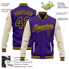 Charger l&#39;image dans la galerie, Custom Purple Black Cream-Gold Bomber Full-Snap Varsity Letterman Two Tone Jacket
