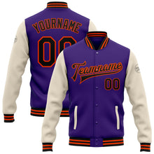 Laden Sie das Bild in den Galerie-Viewer, Custom Purple Black Cream-Orange Bomber Full-Snap Varsity Letterman Two Tone Jacket
