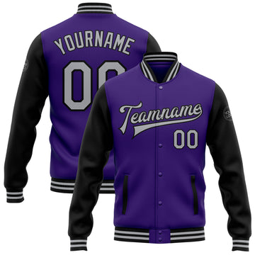 Custom Purple Gray-Black Bomber Full-Snap Varsity Letterman Two Tone Jacket