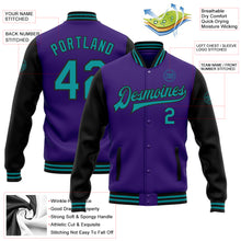 Laden Sie das Bild in den Galerie-Viewer, Custom Purple Teal-Black Bomber Full-Snap Varsity Letterman Two Tone Jacket
