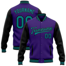 Laden Sie das Bild in den Galerie-Viewer, Custom Purple Teal-Black Bomber Full-Snap Varsity Letterman Two Tone Jacket
