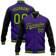 Laden Sie das Bild in den Galerie-Viewer, Custom Purple Neon Green-Black Bomber Full-Snap Varsity Letterman Two Tone Jacket
