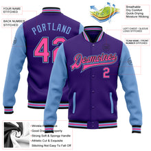 Charger l&#39;image dans la galerie, Custom Purple Pink Light Blue-Black Bomber Full-Snap Varsity Letterman Two Tone Jacket
