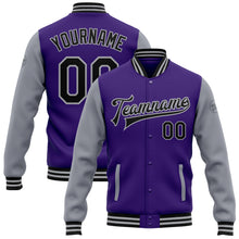 Charger l&#39;image dans la galerie, Custom Purple Black-Gray Bomber Full-Snap Varsity Letterman Two Tone Jacket
