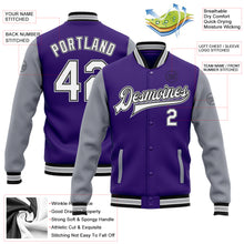 Laden Sie das Bild in den Galerie-Viewer, Custom Purple White Gray-Black Bomber Full-Snap Varsity Letterman Two Tone Jacket
