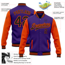 Charger l&#39;image dans la galerie, Custom Purple Black-Orange Bomber Full-Snap Varsity Letterman Two Tone Jacket
