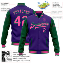 Laden Sie das Bild in den Galerie-Viewer, Custom Purple Pink-Kelly Green Bomber Full-Snap Varsity Letterman Two Tone Jacket
