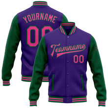 Laden Sie das Bild in den Galerie-Viewer, Custom Purple Pink-Kelly Green Bomber Full-Snap Varsity Letterman Two Tone Jacket
