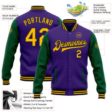 Laden Sie das Bild in den Galerie-Viewer, Custom Purple Gold-Kelly Green Bomber Full-Snap Varsity Letterman Two Tone Jacket
