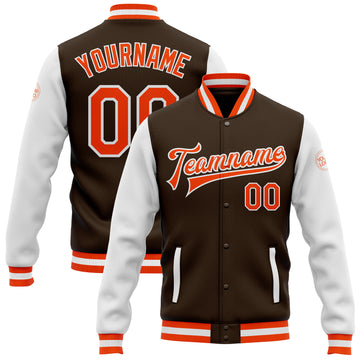 Custom Brown Orange-White Bomber Full-Snap Varsity Letterman Two Tone Jacket