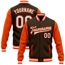 Laden Sie das Bild in den Galerie-Viewer, Custom Brown White-Orange Bomber Full-Snap Varsity Letterman Two Tone Jacket
