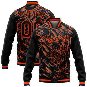 Custom Black Orange Tiger 3D Pattern Design Bomber Full-Snap Varsity Letterman Jacket