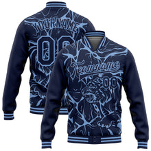 Load image into Gallery viewer, Custom Navy Light Blue Abstract Network And Tiger 3D Pattern Design Bomber Full-Snap Varsity Letterman Jacket
