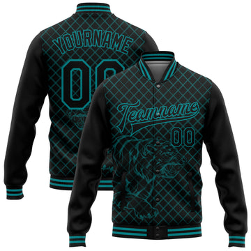 Custom Black Teal Check And Tiger 3D Pattern Design Bomber Full-Snap Varsity Letterman Jacket