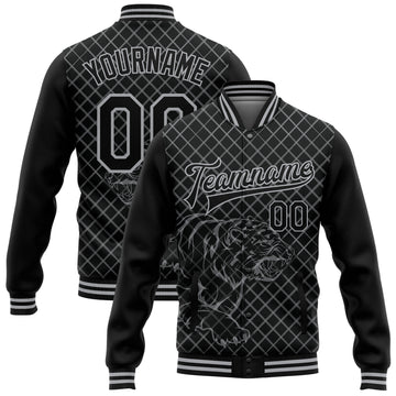 Custom Black Gray Check And Tiger 3D Pattern Design Bomber Full-Snap Varsity Letterman Jacket