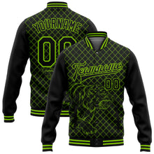 Laden Sie das Bild in den Galerie-Viewer, Custom Black Neon Green Check And Tiger 3D Pattern Design Bomber Full-Snap Varsity Letterman Jacket

