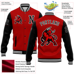 Custom Red Black-White 3D Pattern Design Bomber Full-Snap Varsity Letterman Jacket