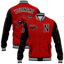 Laden Sie das Bild in den Galerie-Viewer, Custom Red Black-White 3D Pattern Design Bomber Full-Snap Varsity Letterman Jacket
