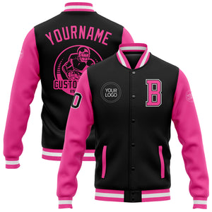 Custom Black Pink-White Bomber Full-Snap Varsity Letterman Two Tone Jacket