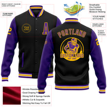 Laden Sie das Bild in den Galerie-Viewer, Custom Black Purple-Gold Bomber Full-Snap Varsity Letterman Two Tone Jacket
