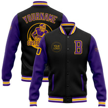 Laden Sie das Bild in den Galerie-Viewer, Custom Black Purple-Gold Bomber Full-Snap Varsity Letterman Two Tone Jacket
