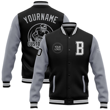 Custom Black White-Gray Bomber Full-Snap Varsity Letterman Two Tone Jacket