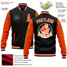 Laden Sie das Bild in den Galerie-Viewer, Custom Black Orange-White Bomber Full-Snap Varsity Letterman Two Tone Jacket
