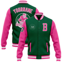 Загрузить изображение в средство просмотра галереи, Custom Kelly Green Pink-White Bomber Full-Snap Varsity Letterman Two Tone Jacket
