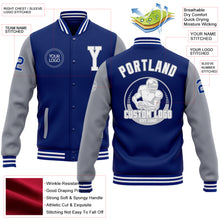 Load image into Gallery viewer, Custom Royal White-Gray Bomber Full-Snap Varsity Letterman Two Tone Jacket
