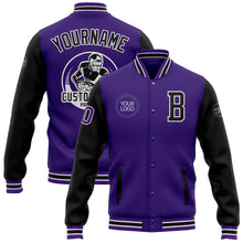 Charger l&#39;image dans la galerie, Custom Purple Black Bomber Full-Snap Varsity Letterman Two Tone Jacket
