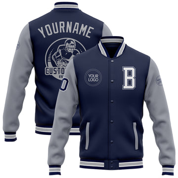 Custom Navy White-Gray Bomber Full-Snap Varsity Letterman Two Tone Jacket